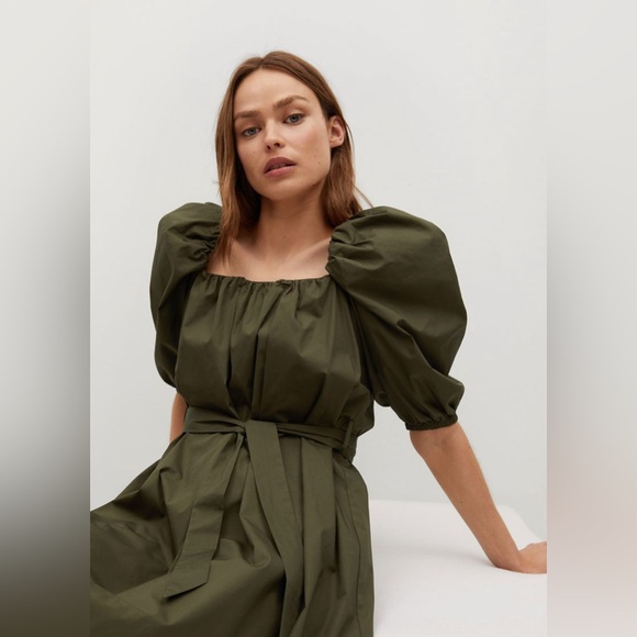 Mango Dresses & Skirts - MANGO Khaki Cotton Poplin Off-Shoulder Dress with Puff Sleeves